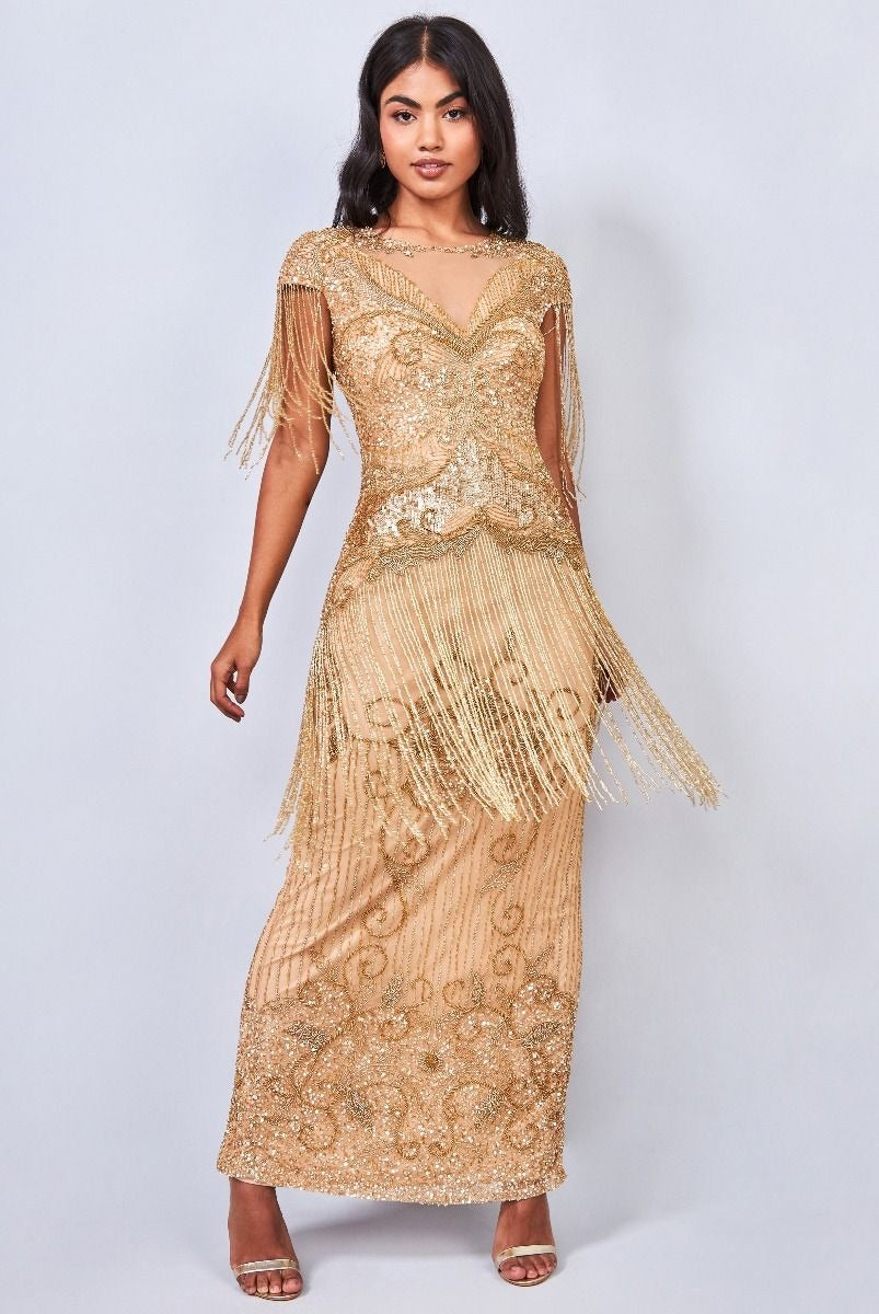 Ethel 1920s Evening Maxi Fringe Gown in Gold – WardrobeShop