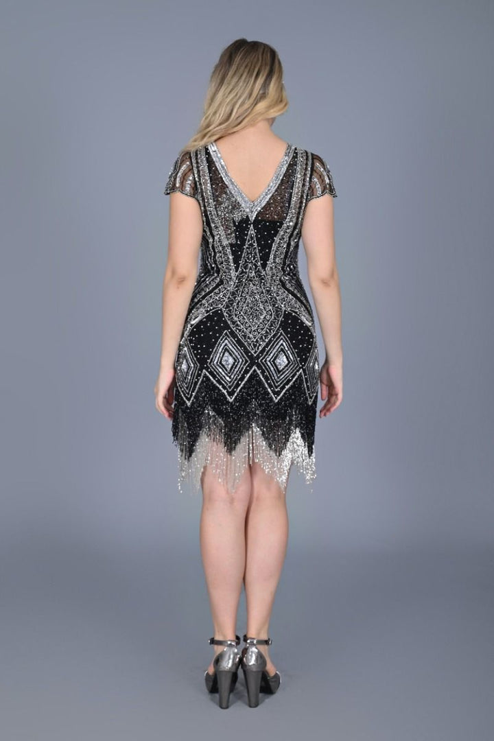 Art Deco Fringe Flapper Dress in Black Silver