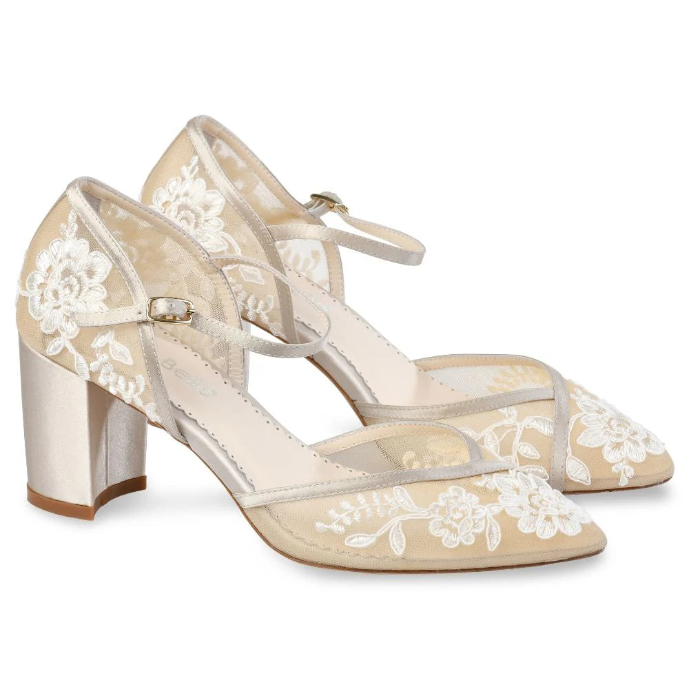 Chelsea Lace Wedding Block Heels in Nude