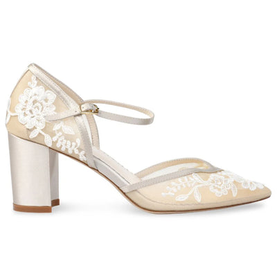 Chelsea Lace Wedding Block Heels in Nude