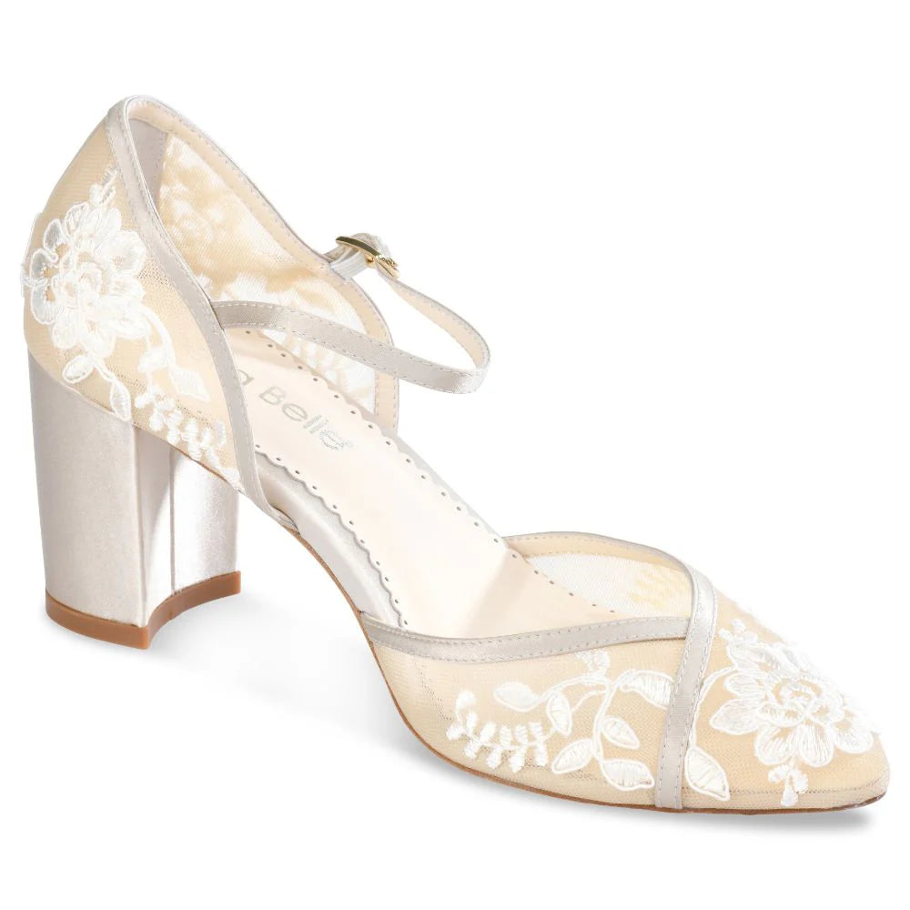 Chelsea Lace Wedding Block Heels in Nude