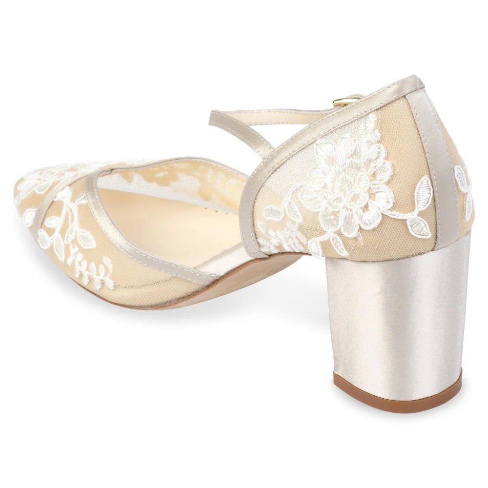 Chelsea Lace Wedding Block Heels in Nude