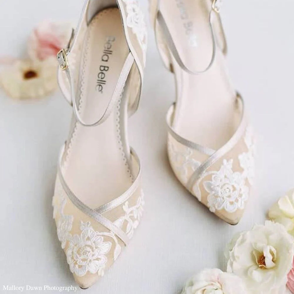 Chelsea Lace Wedding Block Heels in Nude