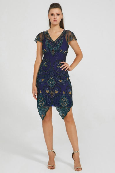 Emma Flapper Style Peacock Dress in Navy Blue