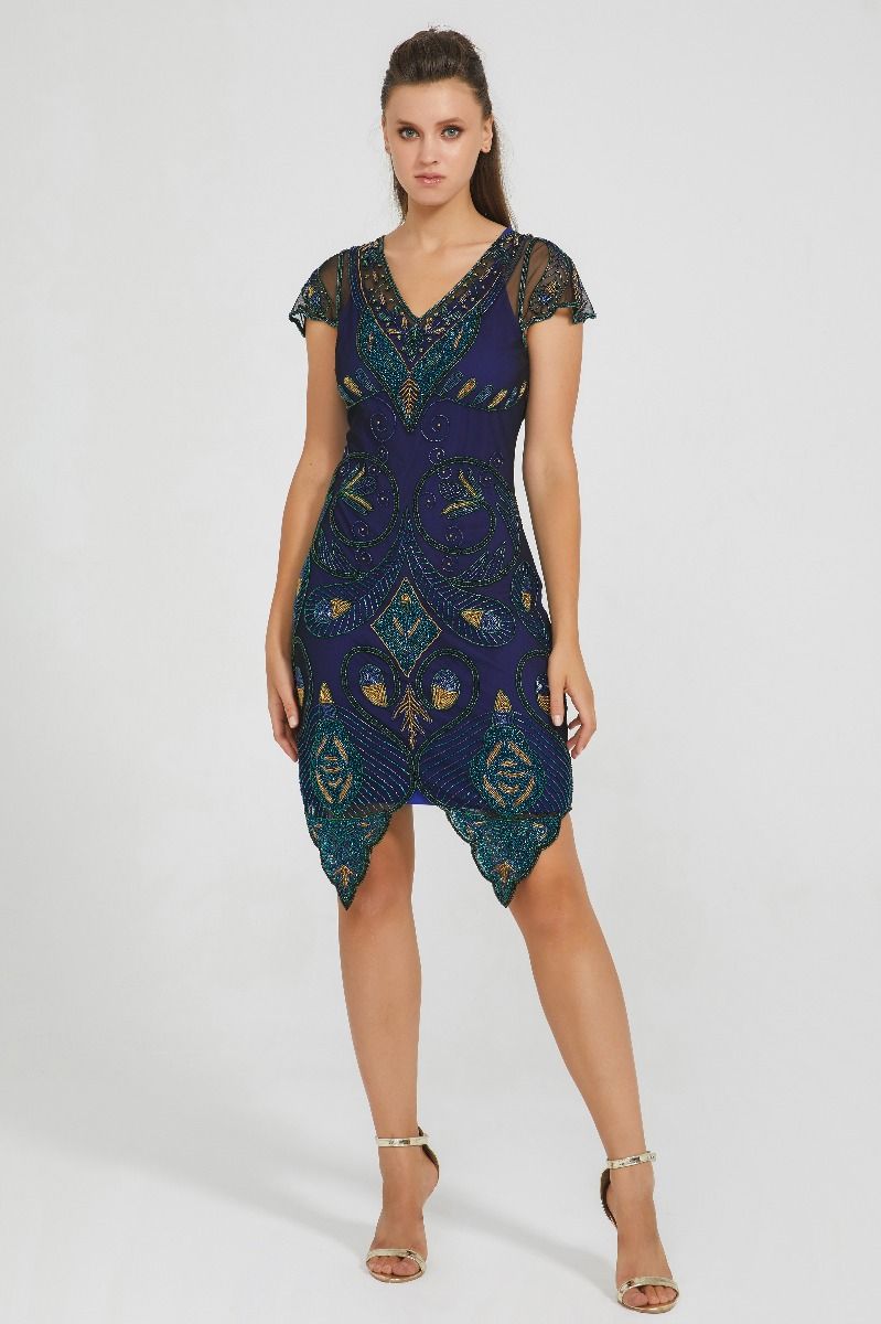 Emma Flapper Style Peacock Dress in Navy Blue