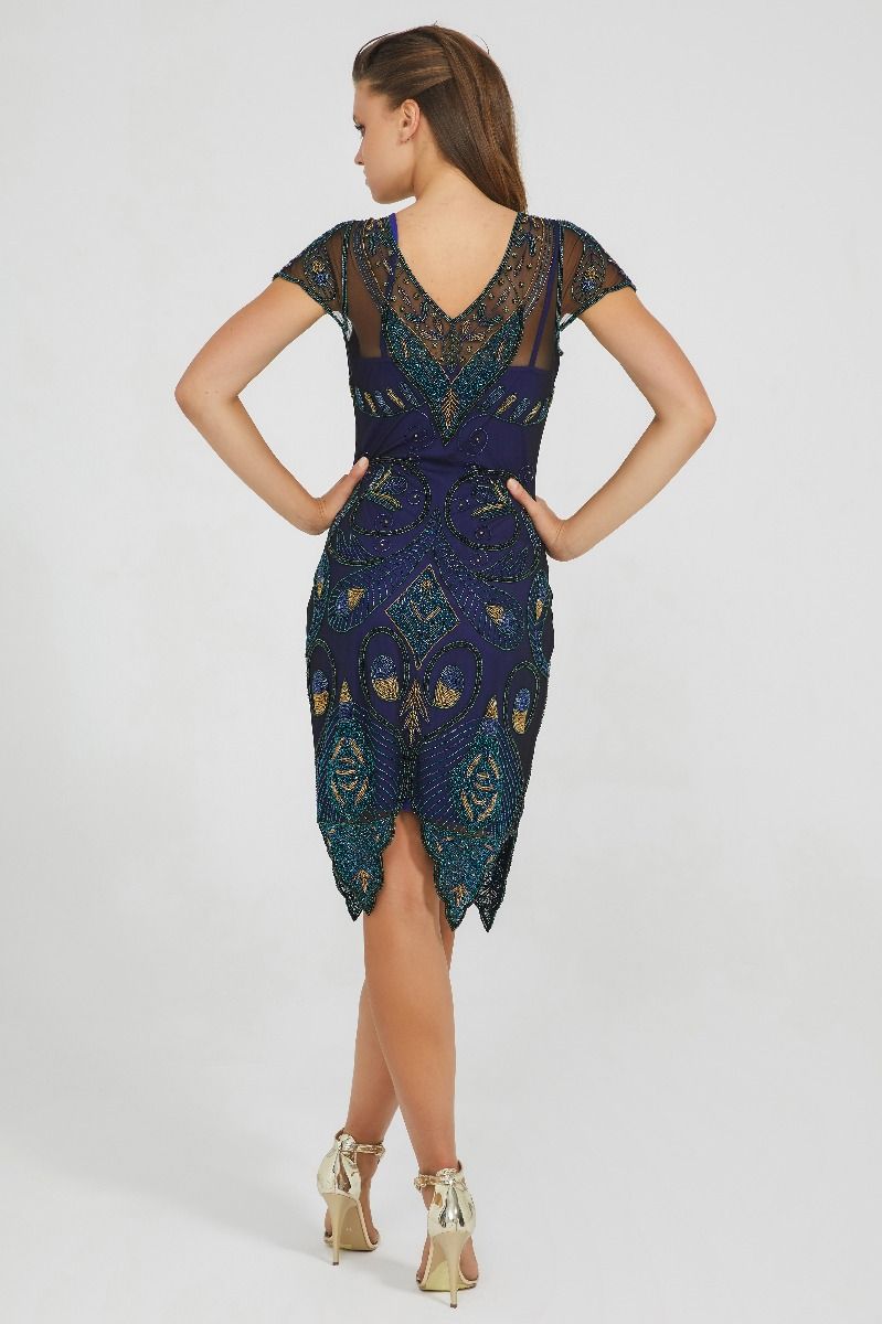 Emma Flapper Style Peacock Dress in Navy Blue