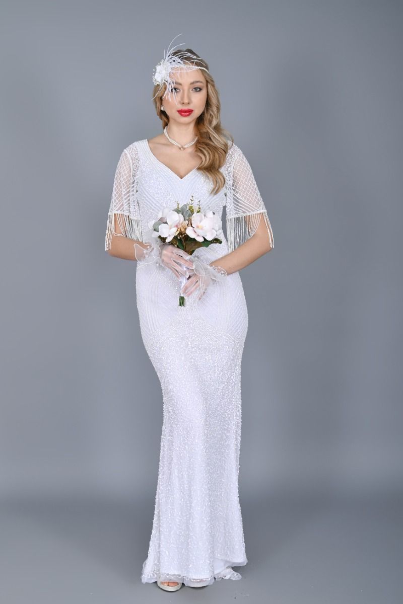 Hailey 1920s Maxi Beaded Wedding Dress in White