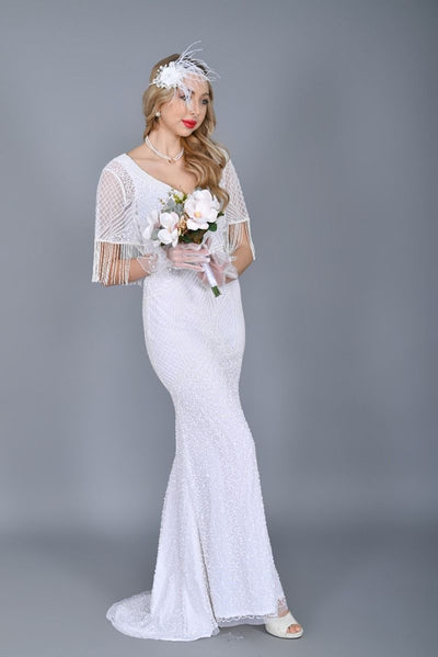 Hailey 1920s Maxi Beaded Wedding Dress in White