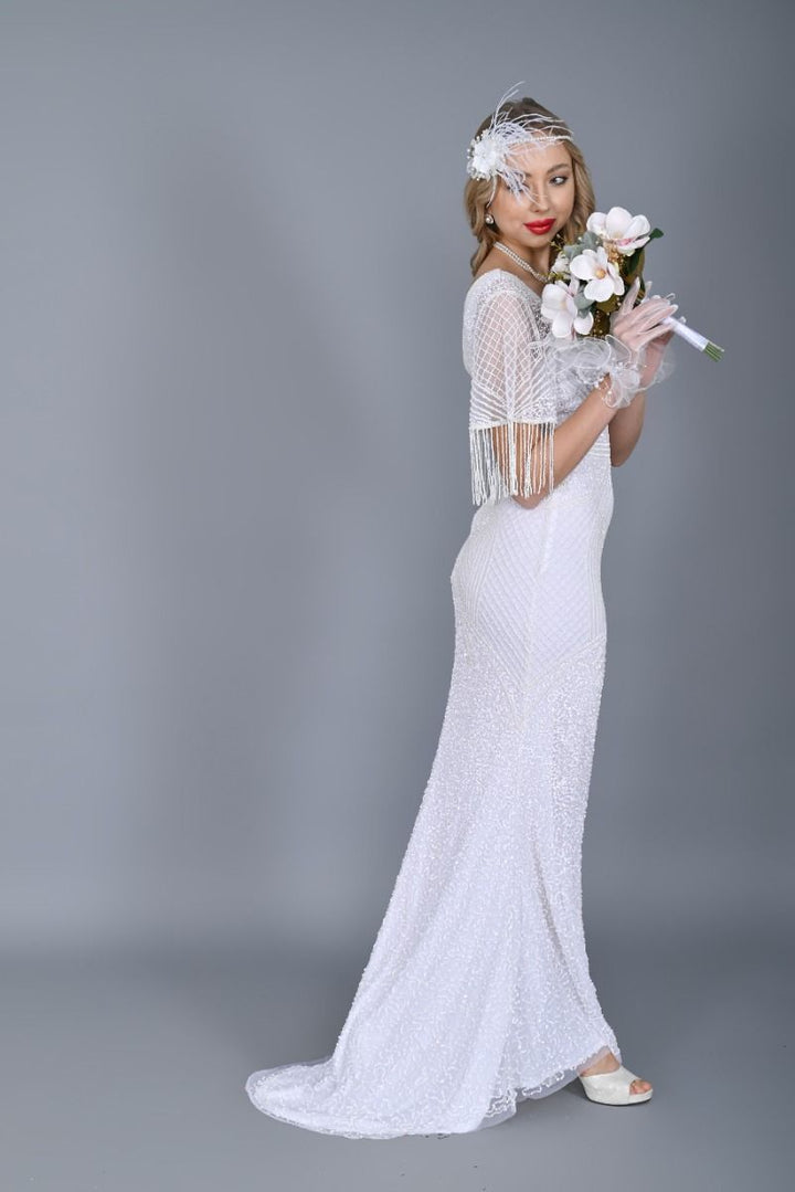 Hailey 1920s Maxi Beaded Wedding Dress in White