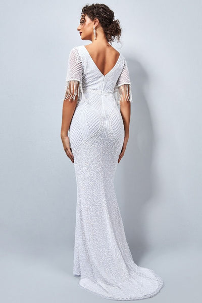 Hailey 1920s Maxi Beaded Wedding Dress in White