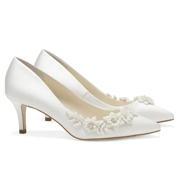 Iris Floral Ivory Kitten Heels with Pearls in Ivory