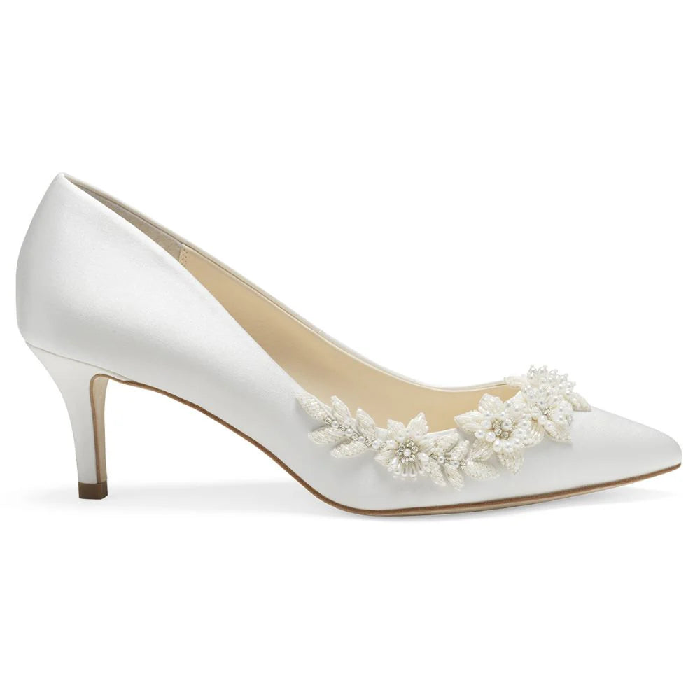 Iris Floral Ivory Kitten Heels with Pearls in Ivory