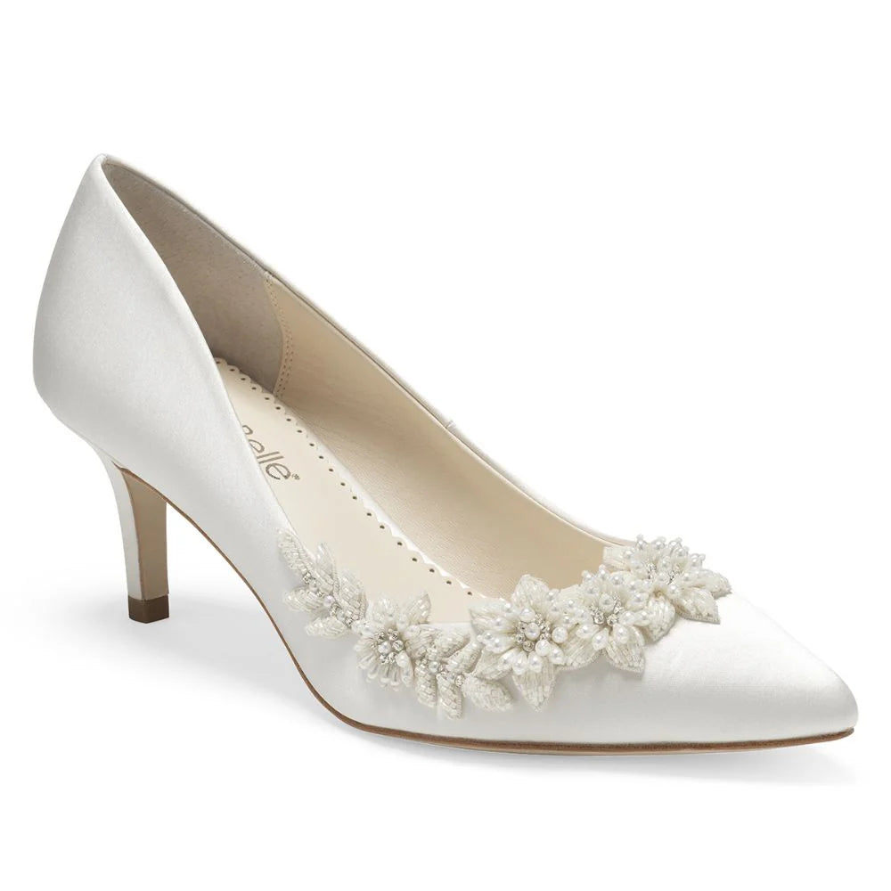 Iris Floral Ivory Kitten Heels with Pearls in Ivory