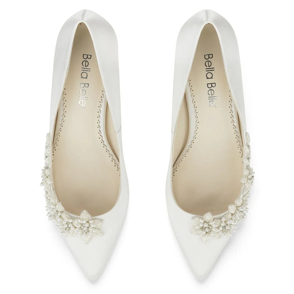 Iris Floral Ivory Kitten Heels with Pearls in Ivory