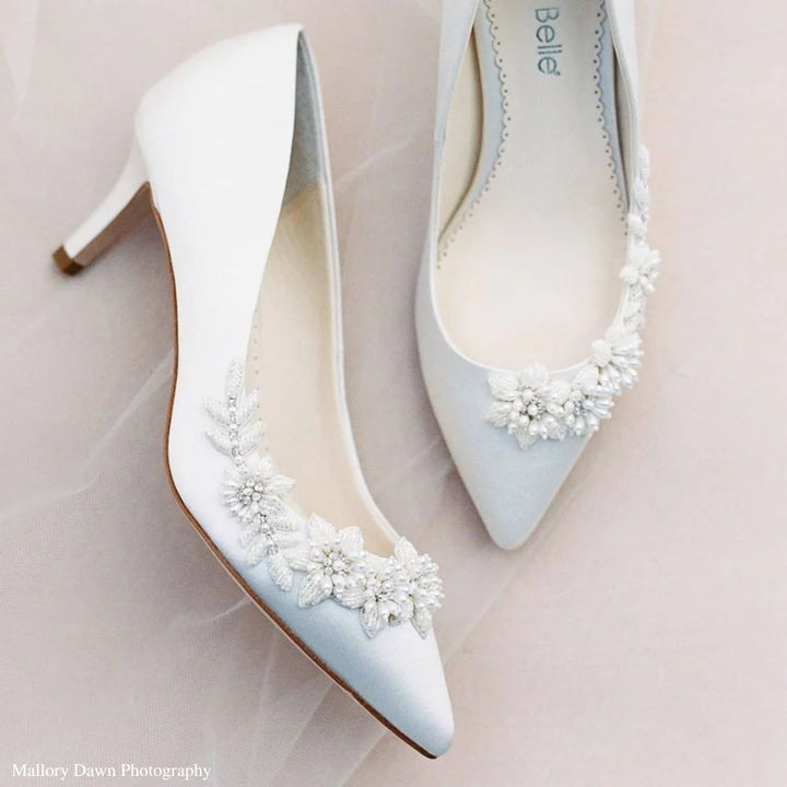 Iris Floral Ivory Kitten Heels with Pearls in Ivory