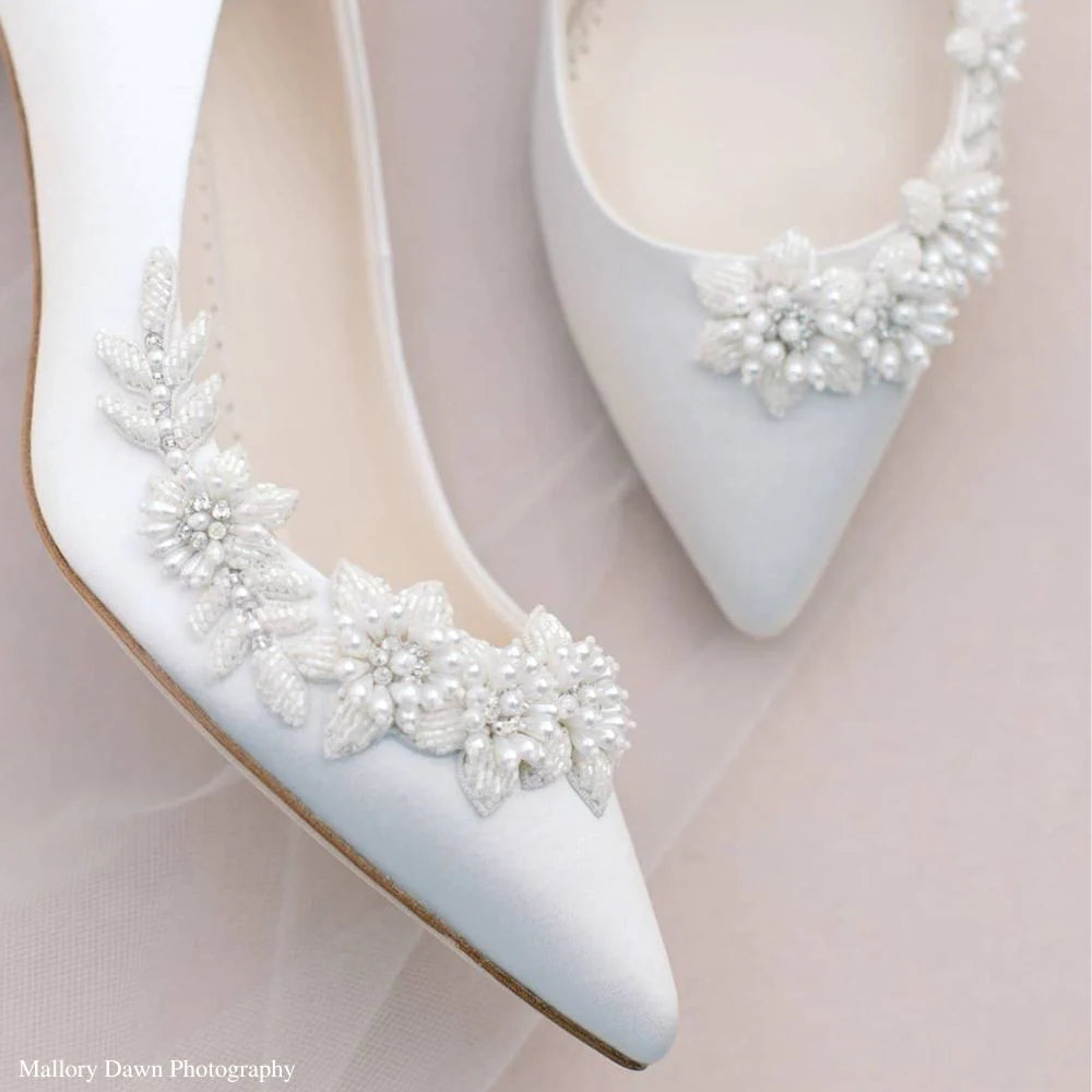 Iris Floral Ivory Kitten Heels with Pearls in Ivory