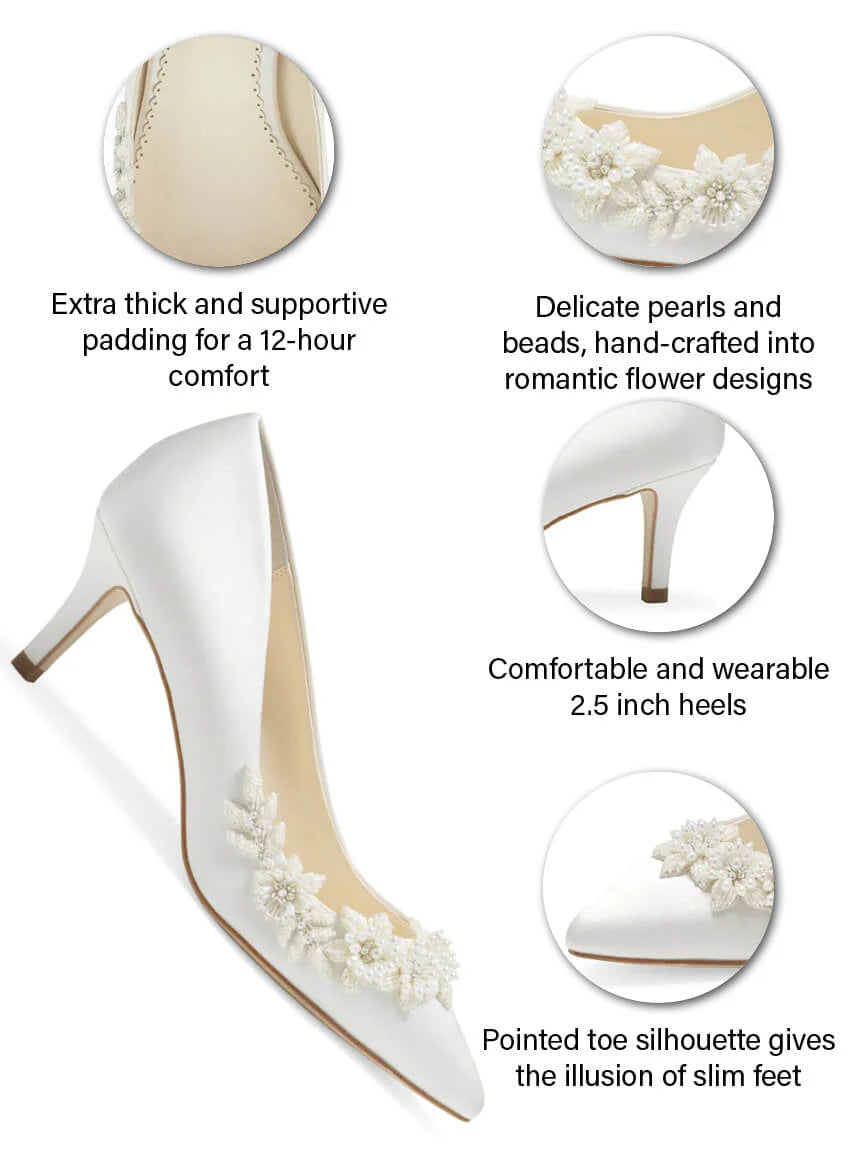 Iris Floral Ivory Kitten Heels with Pearls in Ivory