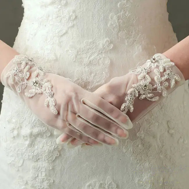 Lace Pearl and Embroidery Wedding Gloves in White