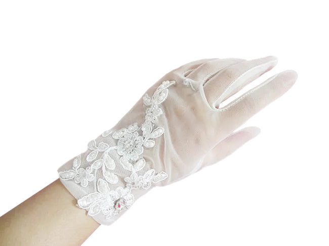 Lace Pearl and Embroidery Wedding Gloves in White