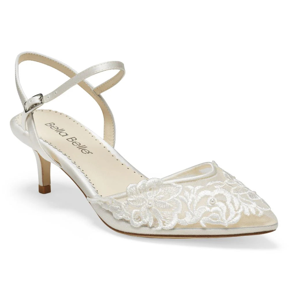 Mina Floral Lace Low Heel Shoes in Ivory