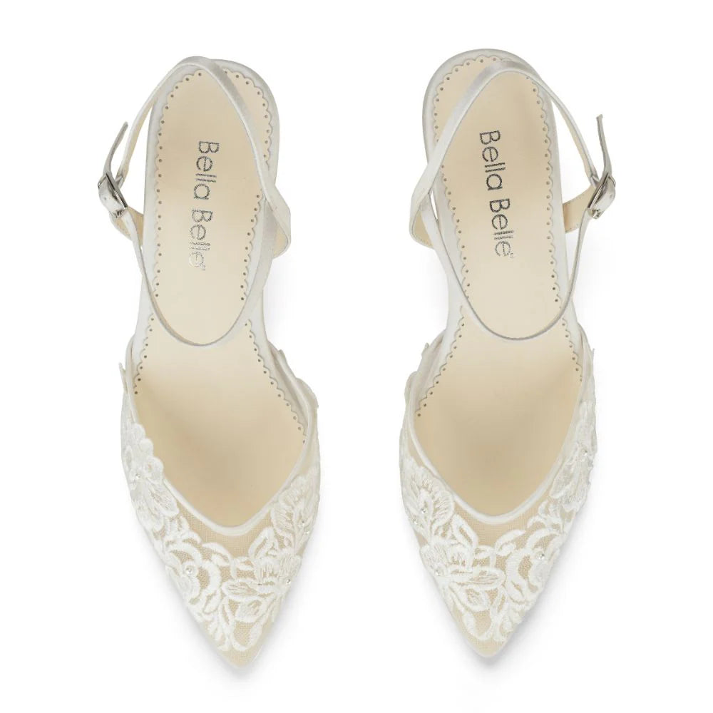 Mina Floral Lace Low Heel Shoes in Ivory