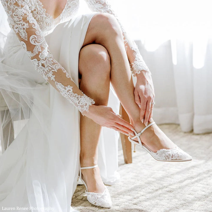 Mina Floral Lace Low Heel Shoes in Ivory