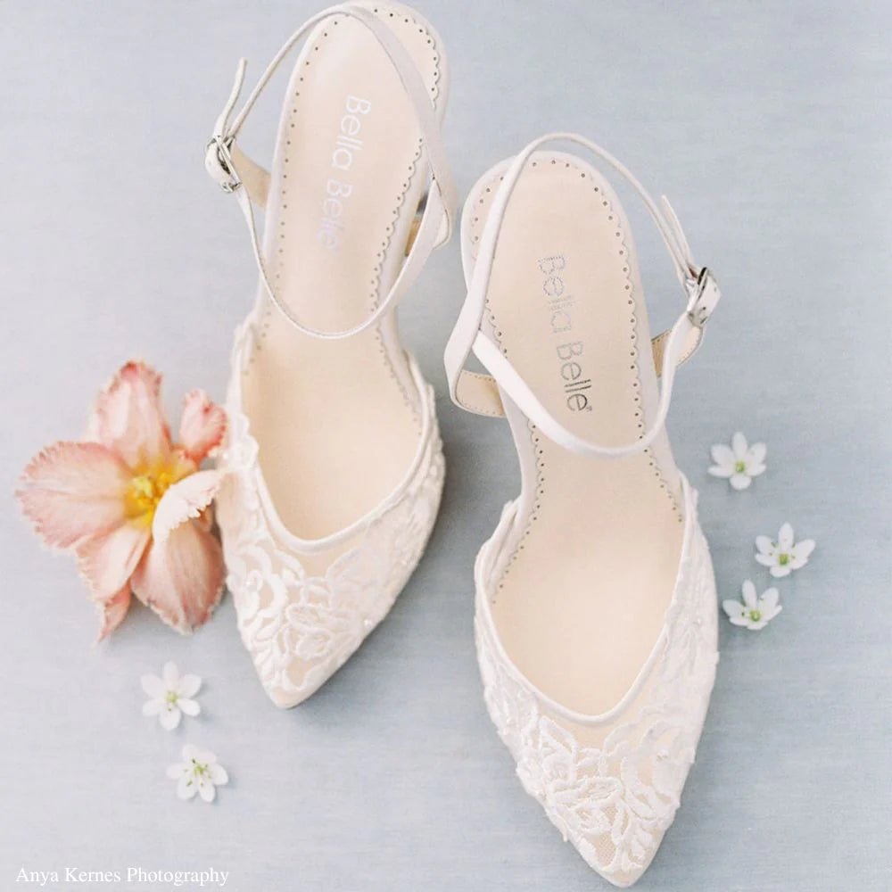 Mina Floral Lace Low Heel Shoes in Ivory