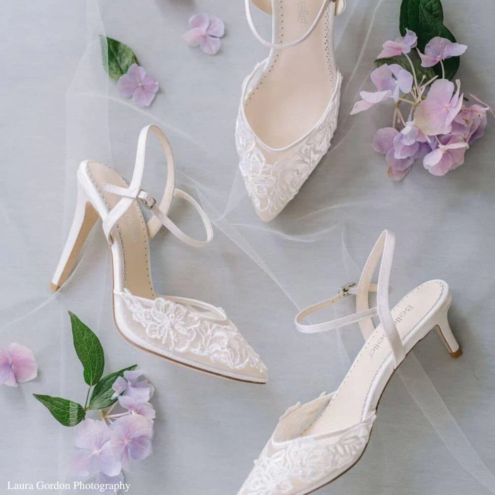 Mina Floral Lace Low Heel Shoes in Ivory