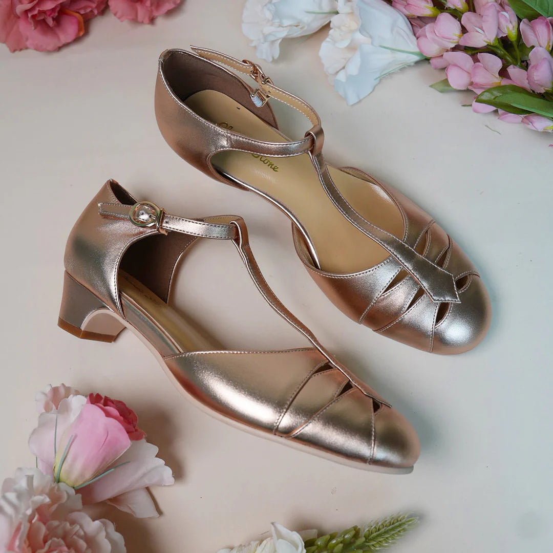 Monaco 1920s Style T-Bar Heels in Rose Gold