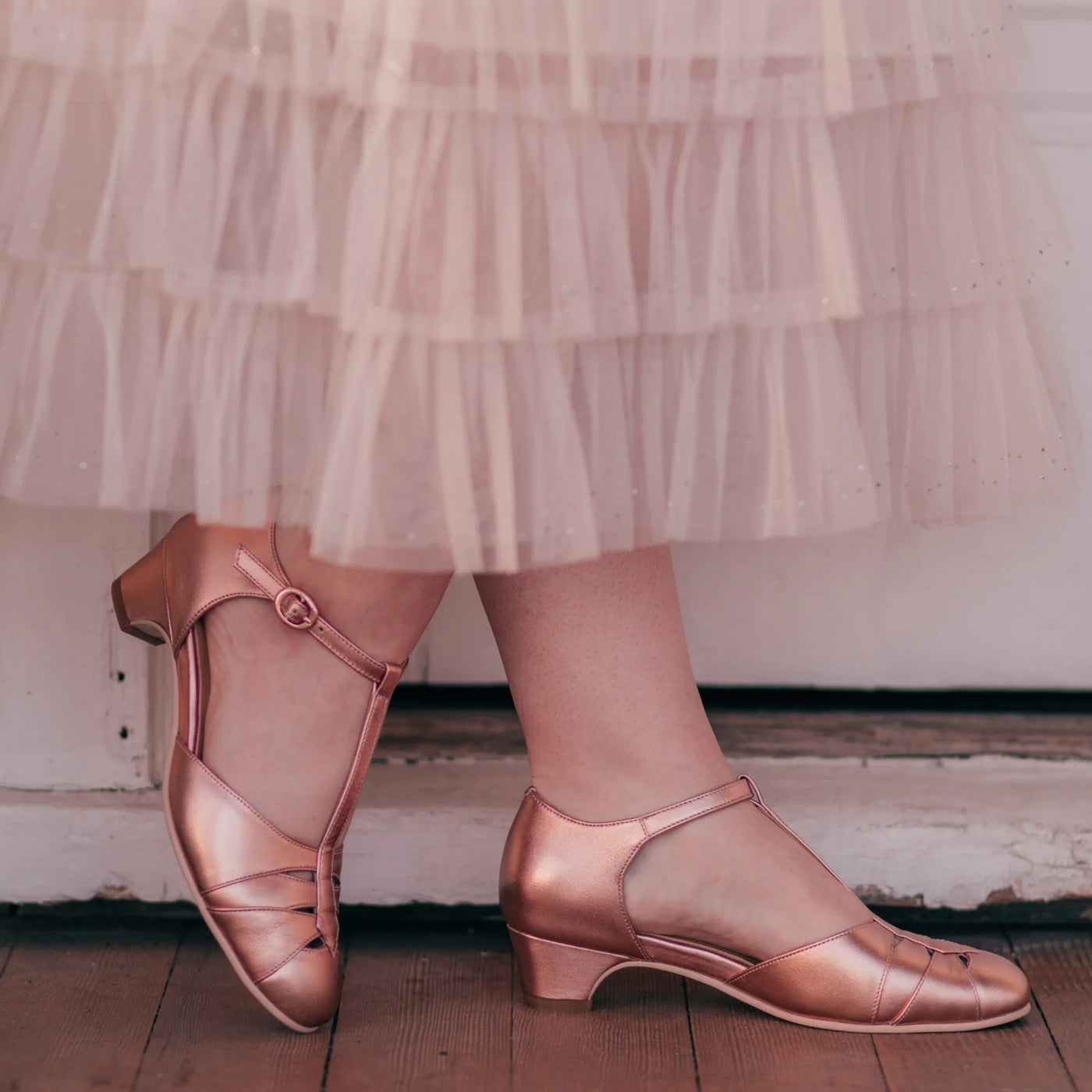 Monaco 1920s Style T-Bar Heels in Rose Gold