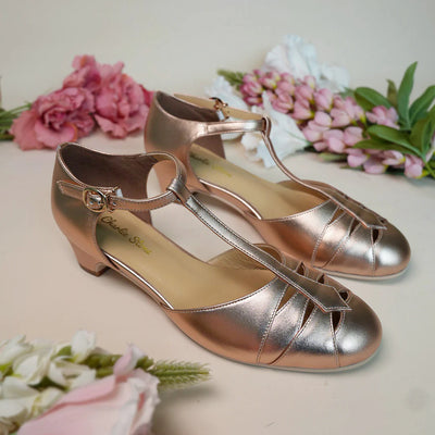 Monaco 1920s Style T-Bar Heels in Rose Gold