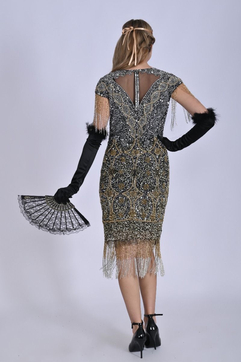 Riri Fringe Flapper Dress in Black Gold