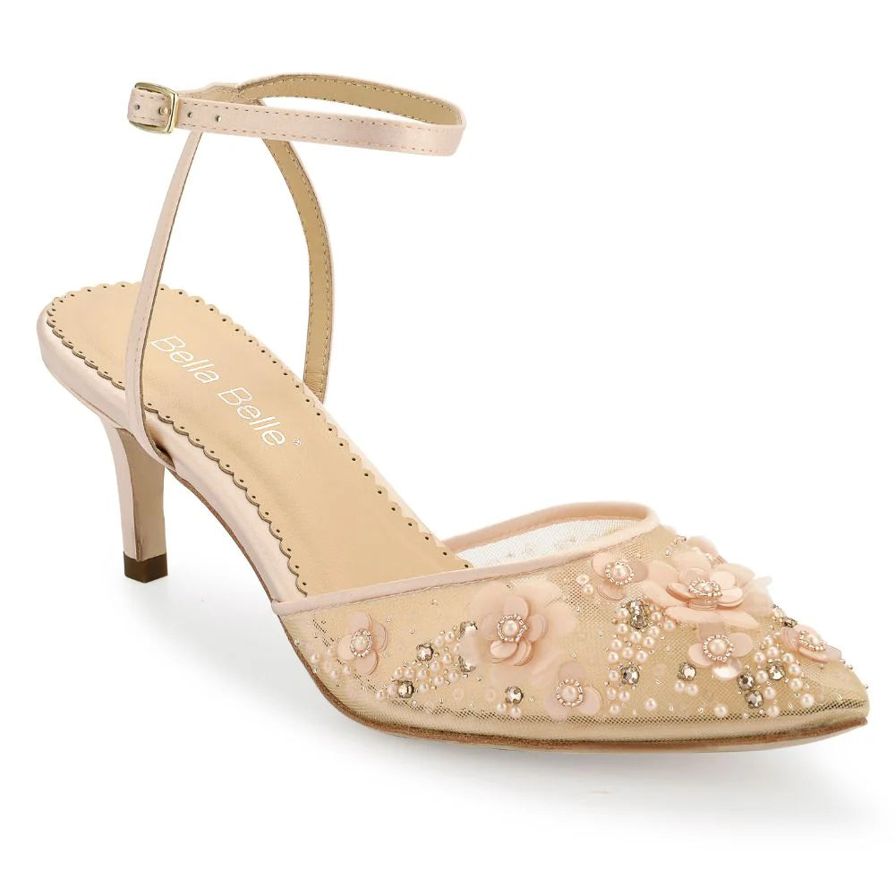 Rosa Floral Pearl Beaded Wedding Low Heels in Blush