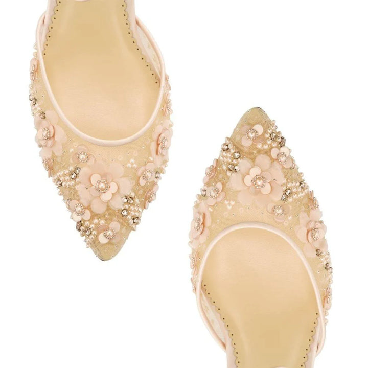 Rosa Floral Pearl Beaded Wedding Low Heels in Blush