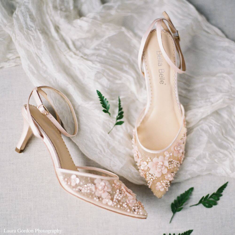 Rosa Floral Pearl Beaded Wedding Low Heels in Blush