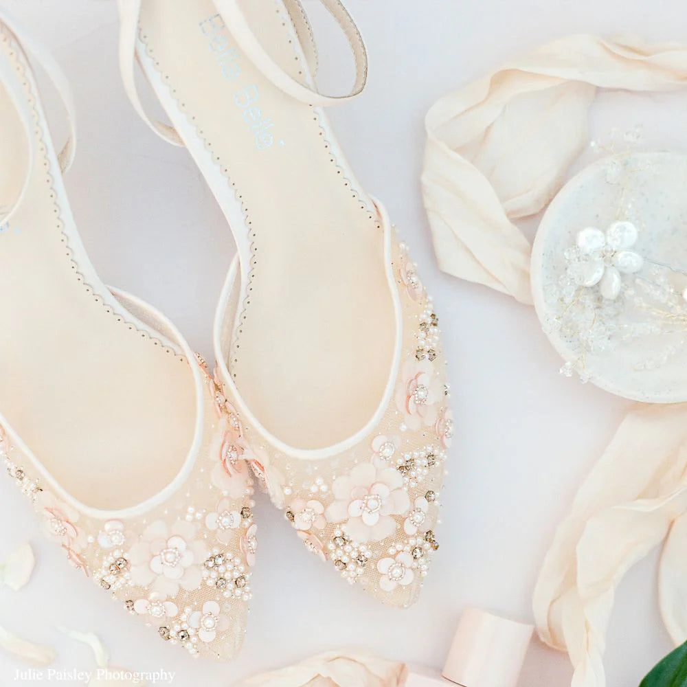 Rosa Floral Pearl Beaded Wedding Low Heels in Blush