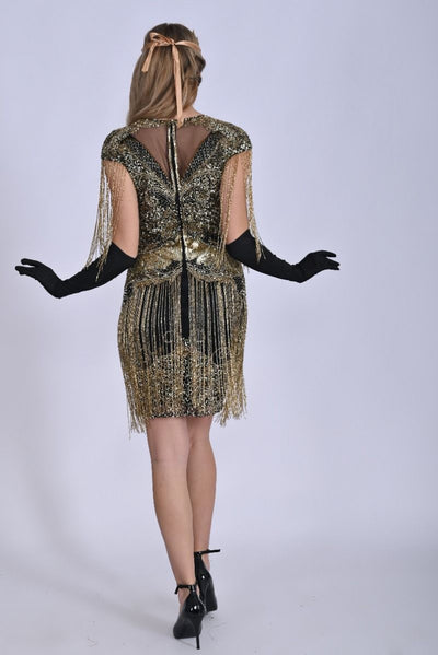 Sybill Fringe Flapper Dress in Black Gold