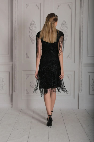 Sybill Fringe Flapper Dress in Black