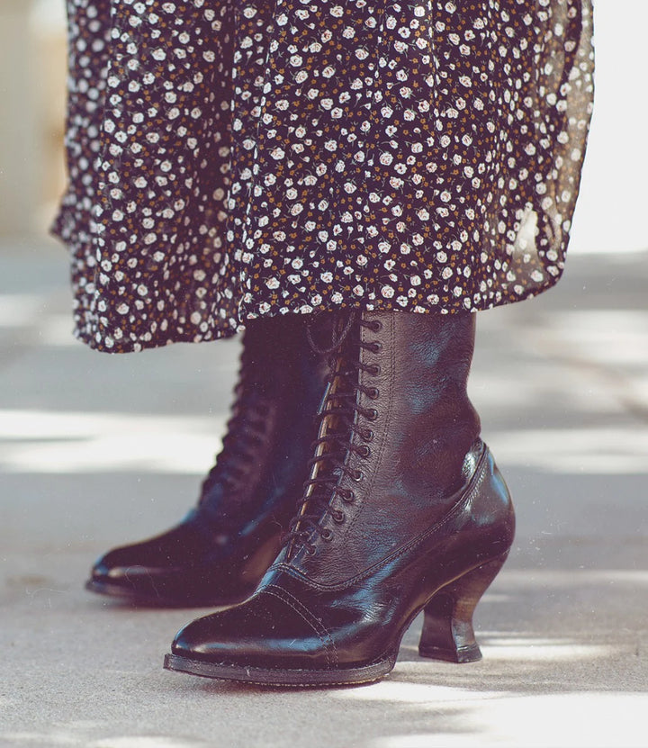 Victorian Mid-Calf Leather Boots in Black Rustic