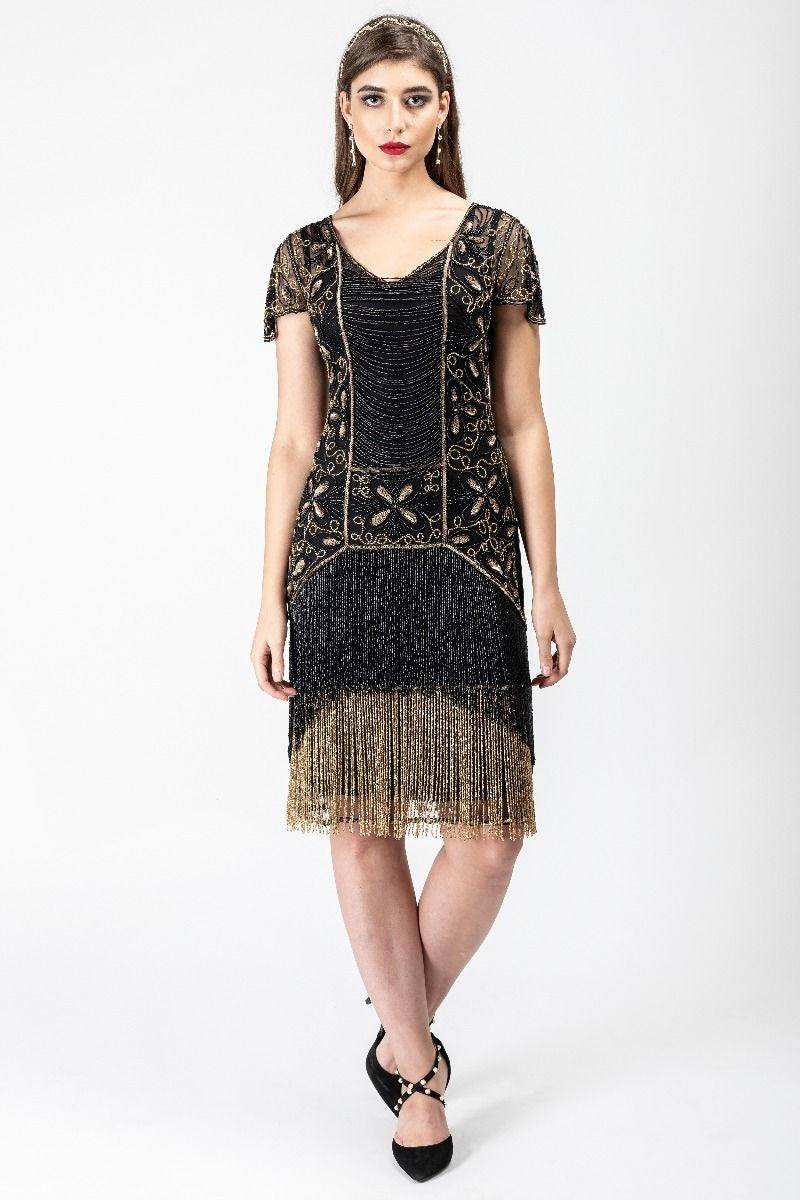 Edith Flapper Style Fringe Dress in Black Gold