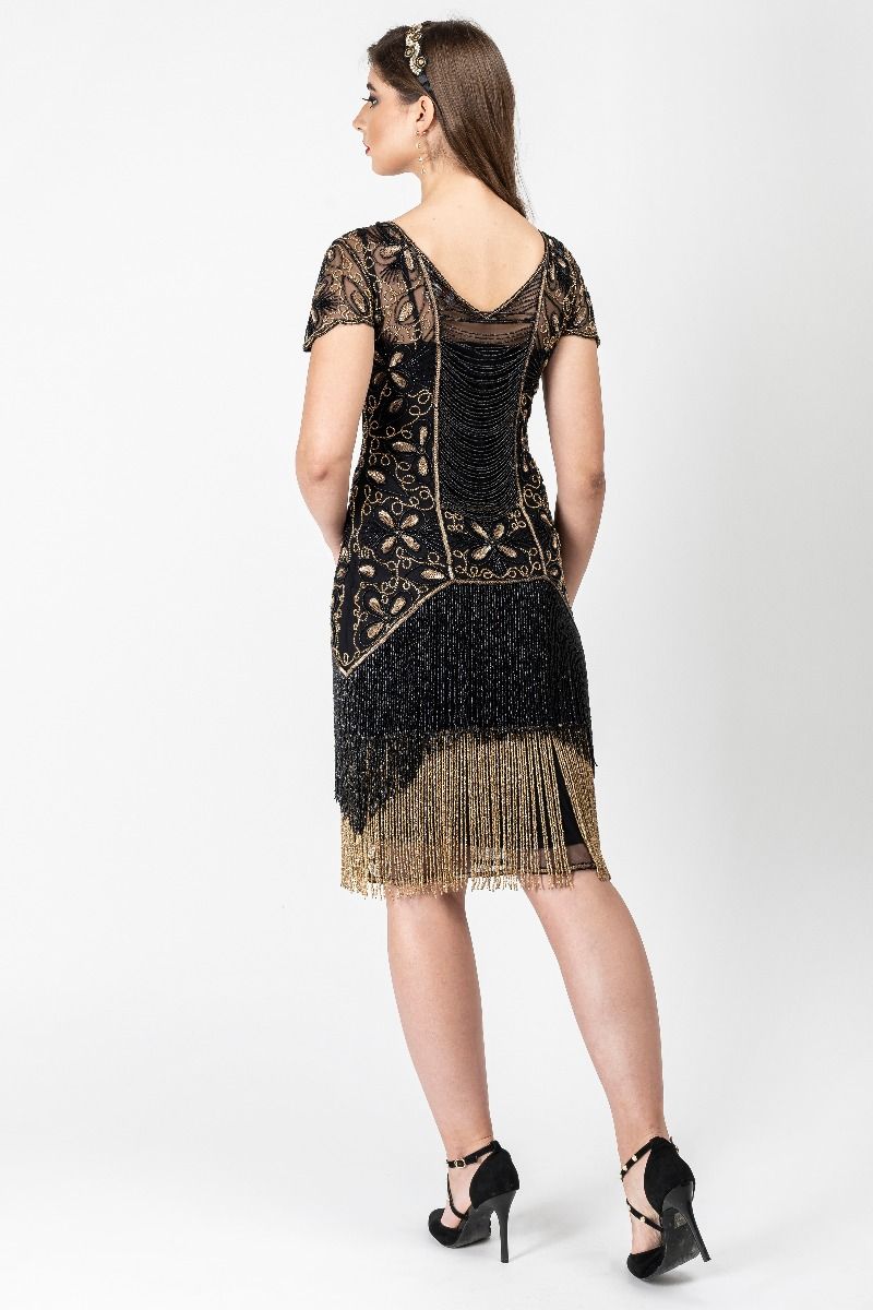 Edith Flapper Style Fringe Dress in Black Gold