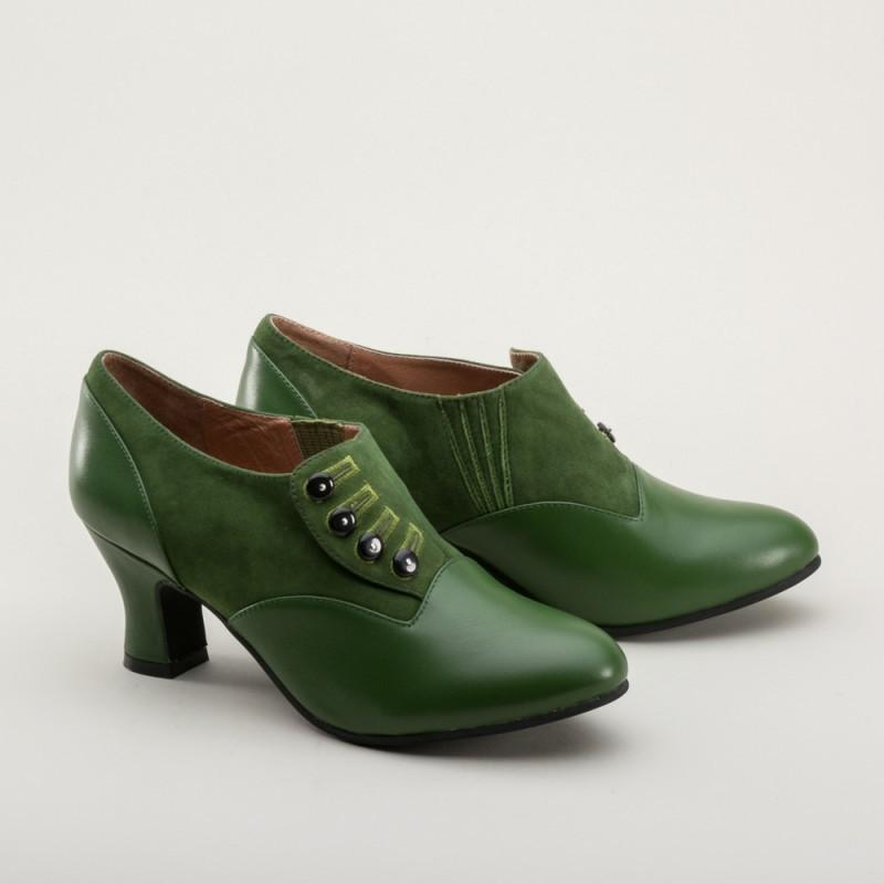 Greta Retro Side-Button Shoes in Green - SOLD OUT