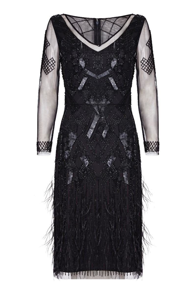 Ivy 1920s Feather Embellished Dress in Black