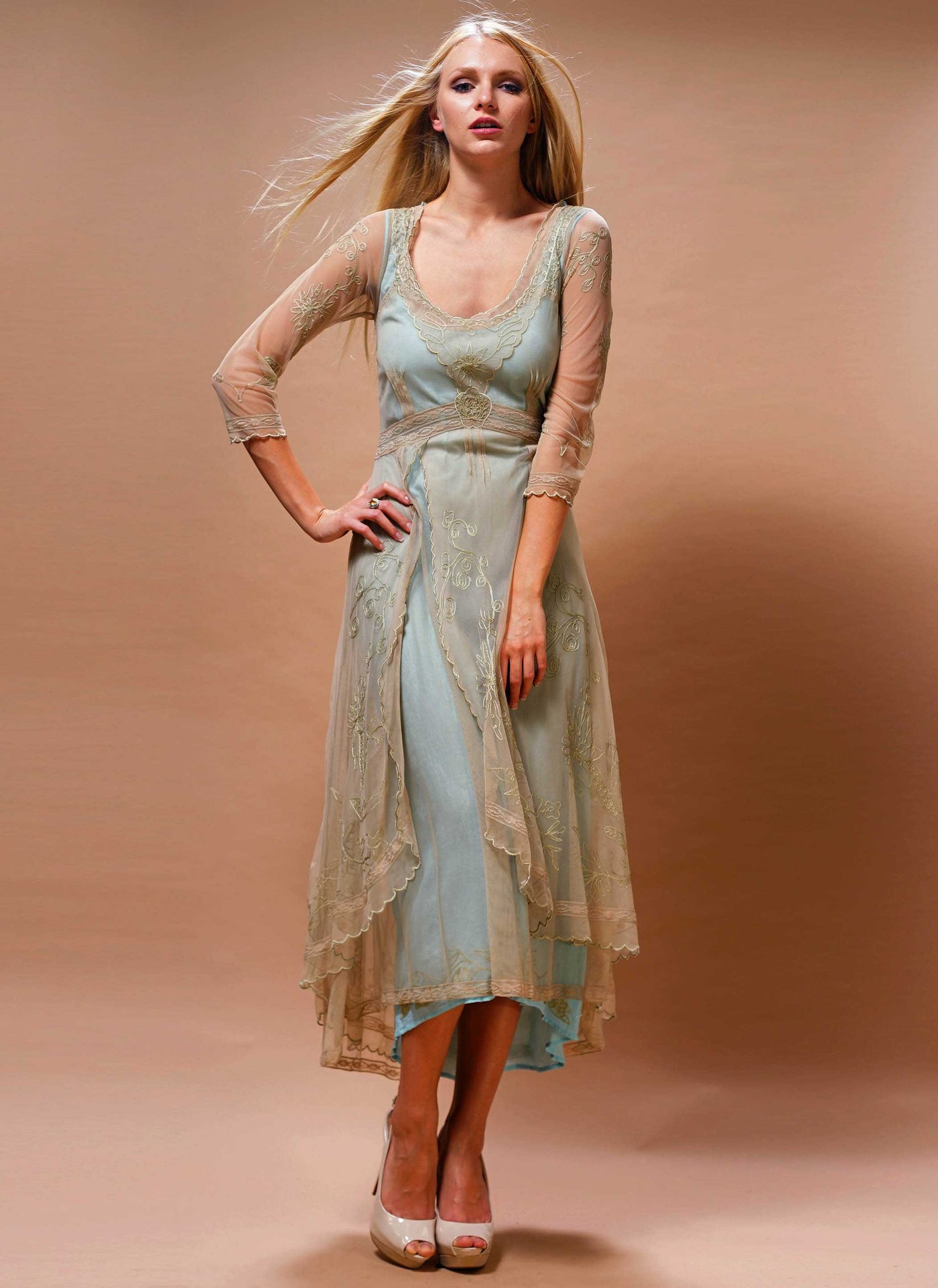 Downton Abbey Tea Party Gown in Sage-Turquoise by Nataya