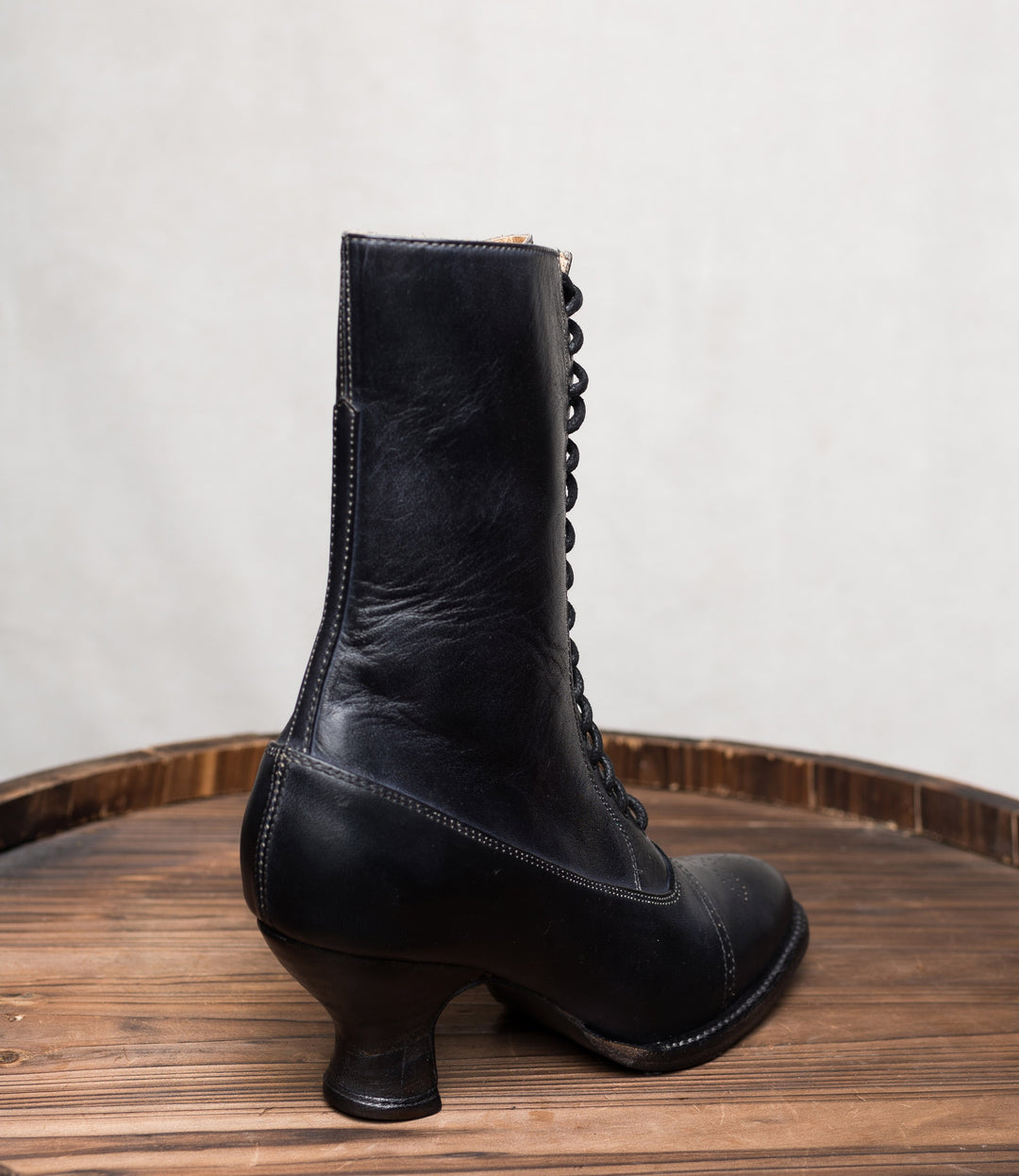 Victorian Mid-Calf Leather Boots in Black Rustic