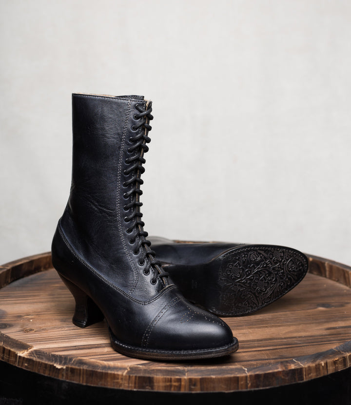 Victorian Mid-Calf Leather Boots in Black Rustic