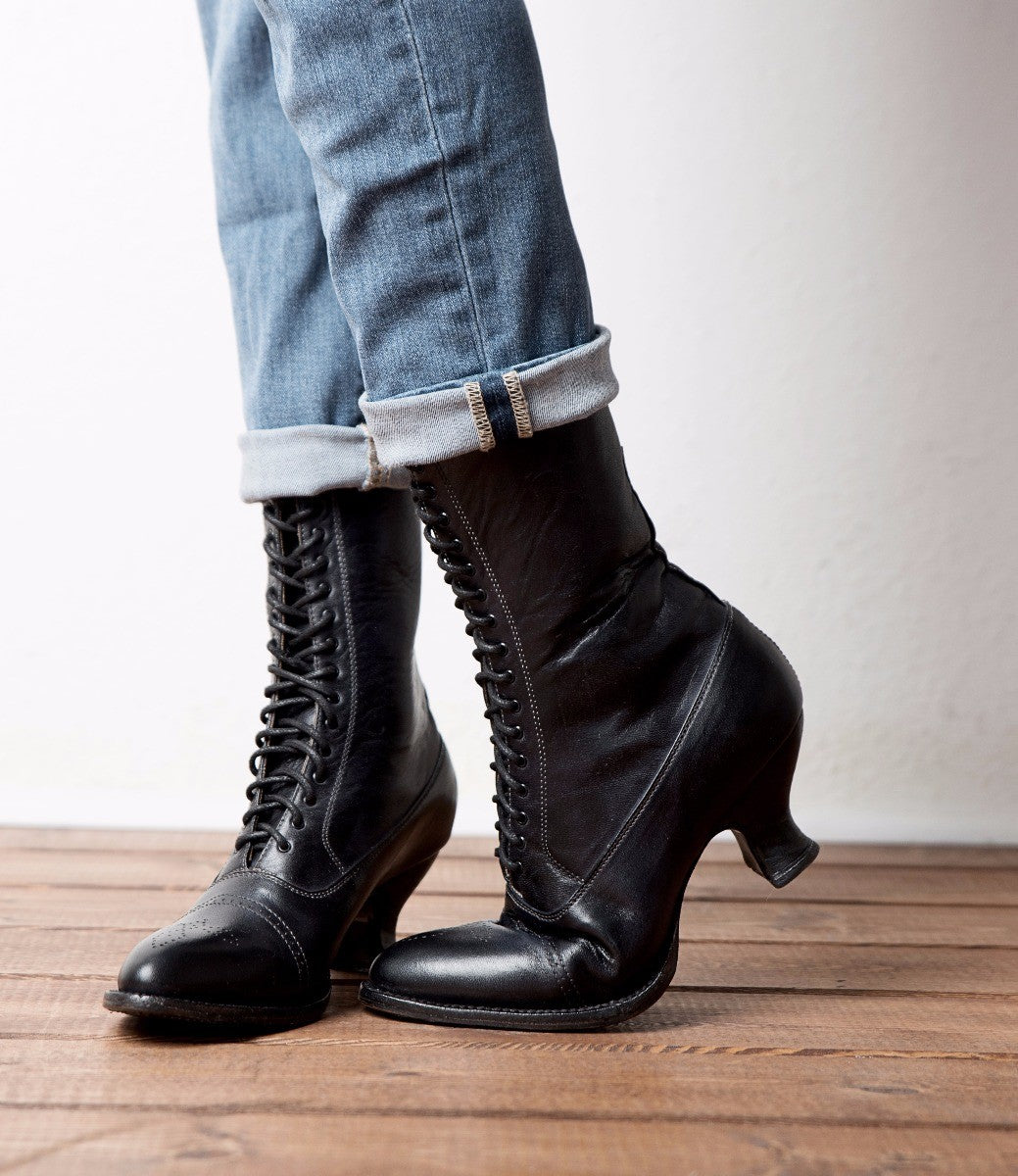 Victorian Mid-Calf Leather Boots in Black Rustic