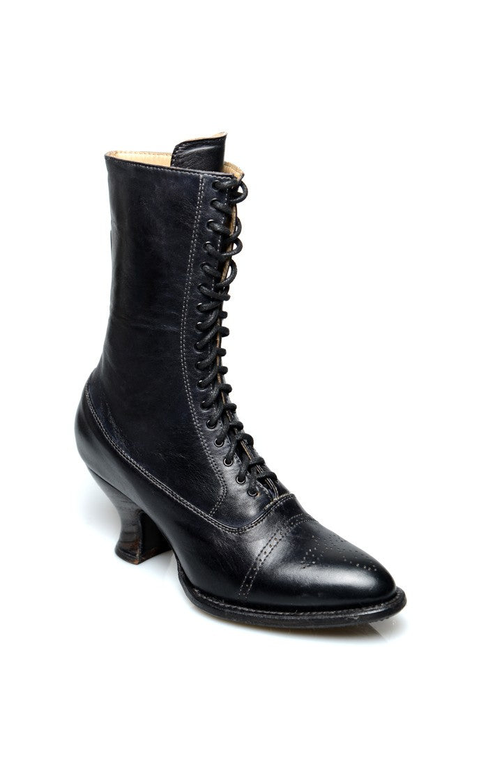 Victorian Mid-Calf Leather Boots in Black Rustic