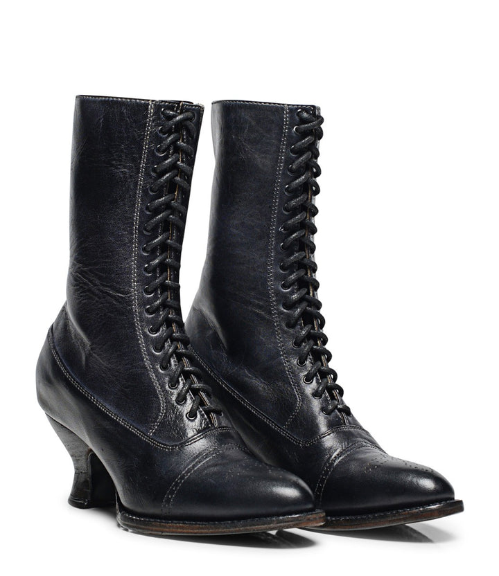 Victorian Mid-Calf Leather Boots in Black Rustic