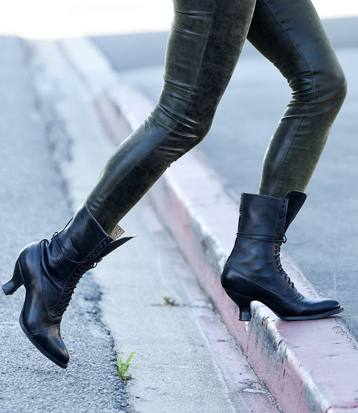 Victorian Mid-Calf Leather Boots in Black Rustic